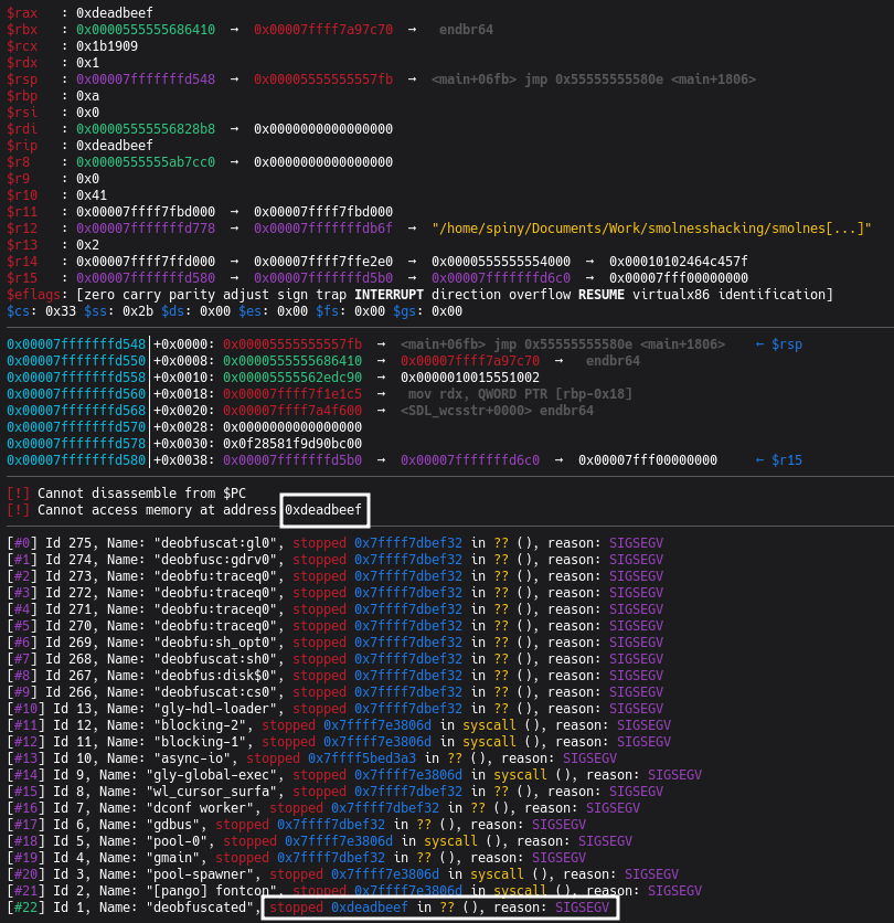 GDB montrant RIP = 0xdeadbeef
