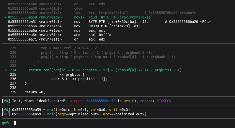 GDB crash OOB Read : instruction fatale movzx, $rax=0x3ffffc