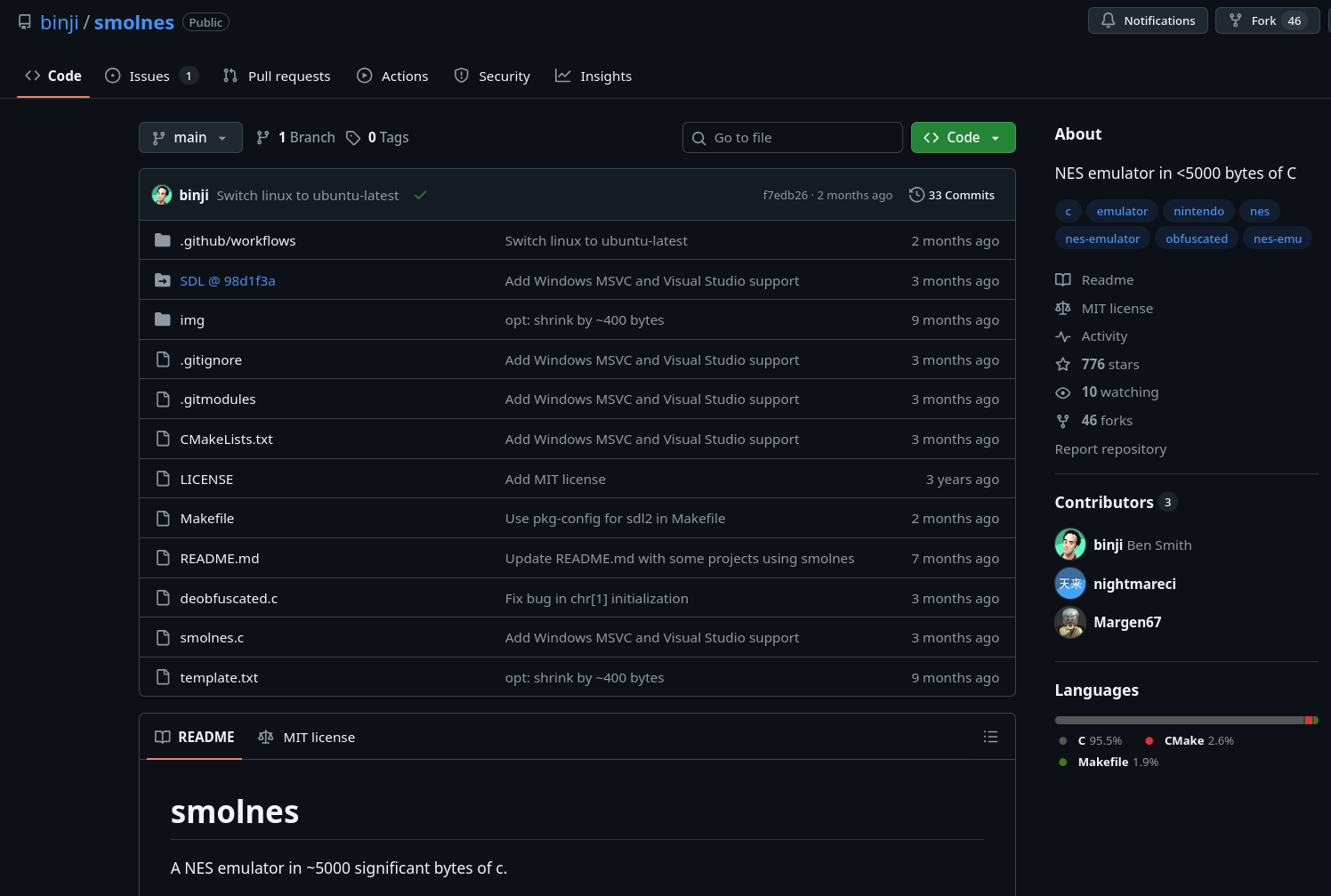 Page GitHub de smolnes, 776 stars et 3 contributors